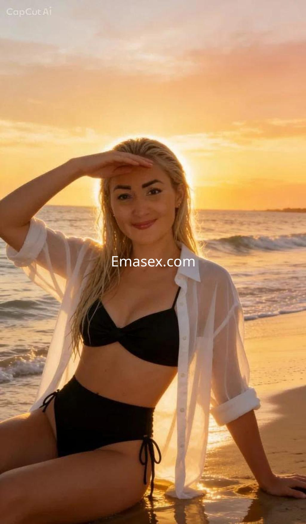 Escort en Cáceres con cabello rubio, usando bikini negro y camisa blanca, sonríe en la playa al atardecer.