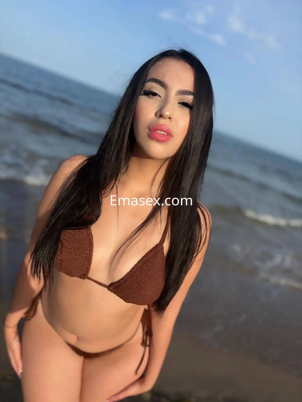 Puta en la playa de Alicante, luciendo un bikini marrón y cabello largo, posando frente al mar.