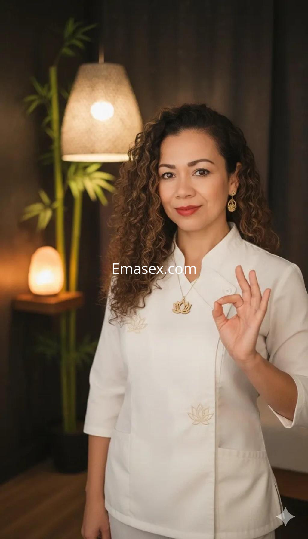 Puta de Málaga con cabello rizado y maquillaje natural, viste una blusa blanca y muestra una señal de aprobación.