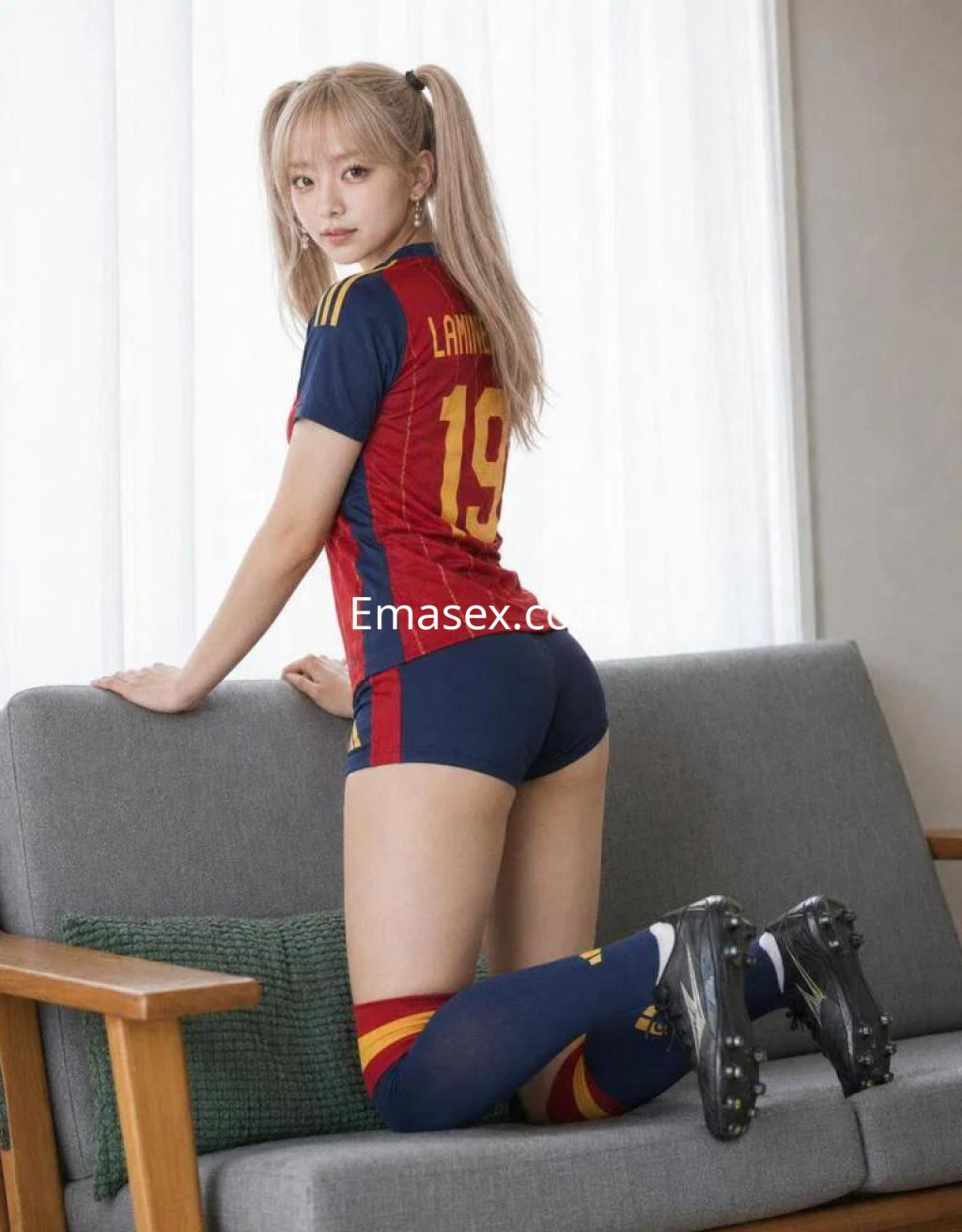 Puta con cabello rubio y dos coletas, viste uniforme de fútbol de España, arrodillada sobre un sofá en Barcelona.