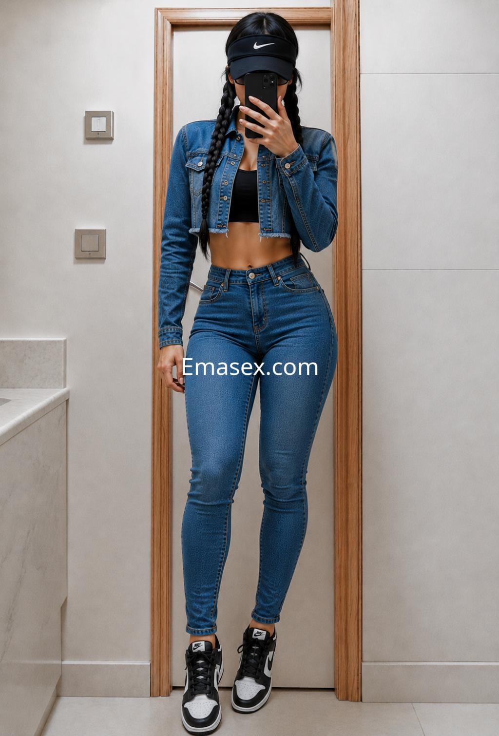 Escort en Logroño mostrando un look casual con chaqueta de denim, top negro y jeans ajustados, complementado con zapatillas.