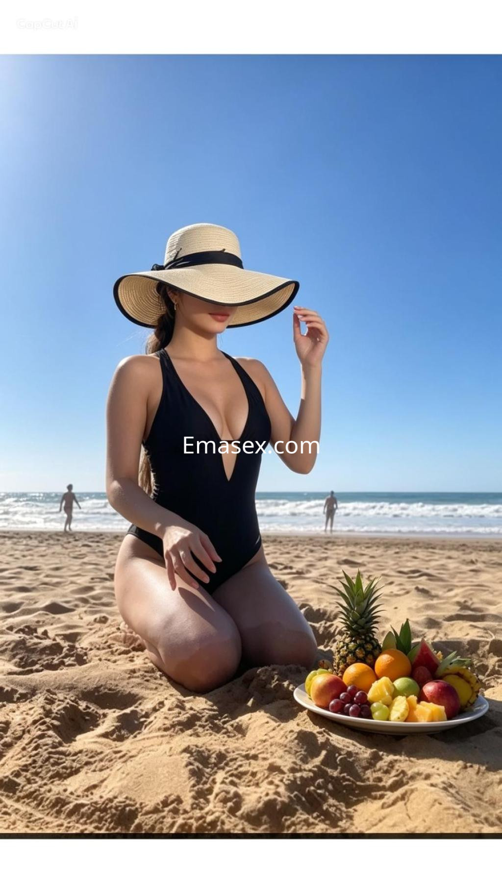 Escort en Vitoria, con traje de baño negro y sombrero, posando de rodillas en la playa junto a una bandeja de frutas.