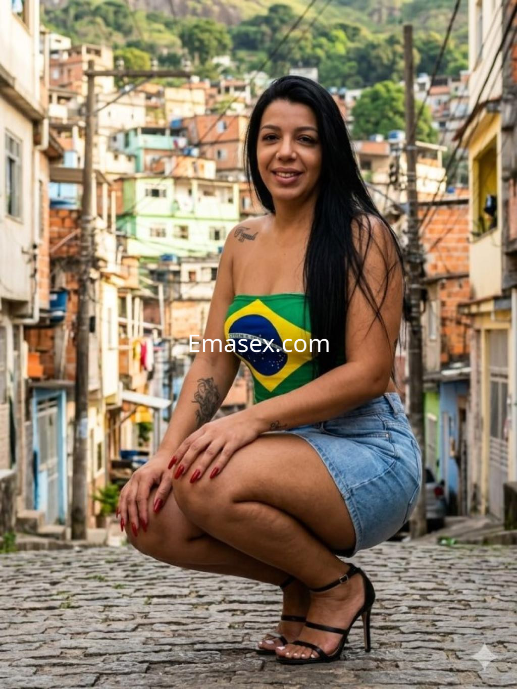 Puta con blusa de bandera brasileña y falda de mezclilla, posando en una calle empedrada de Burgos.