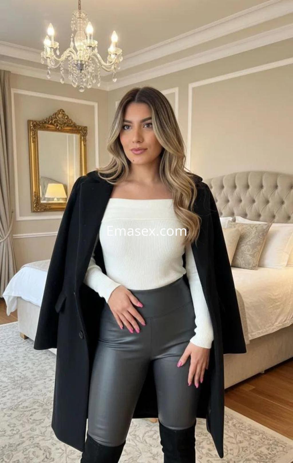 Escort en Pontevedra con cabello largo y lacio, viste un suéter blanco y pantalones de cuero negro, posando en un elegante interior.