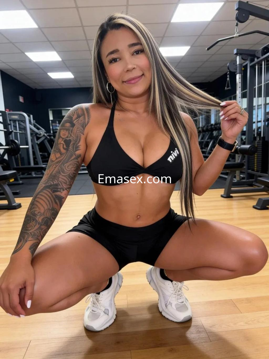 Escort en Zaragoza luciendo un top deportivo negro y shorts, posando en un gimnasio con cabello largo y lacio.