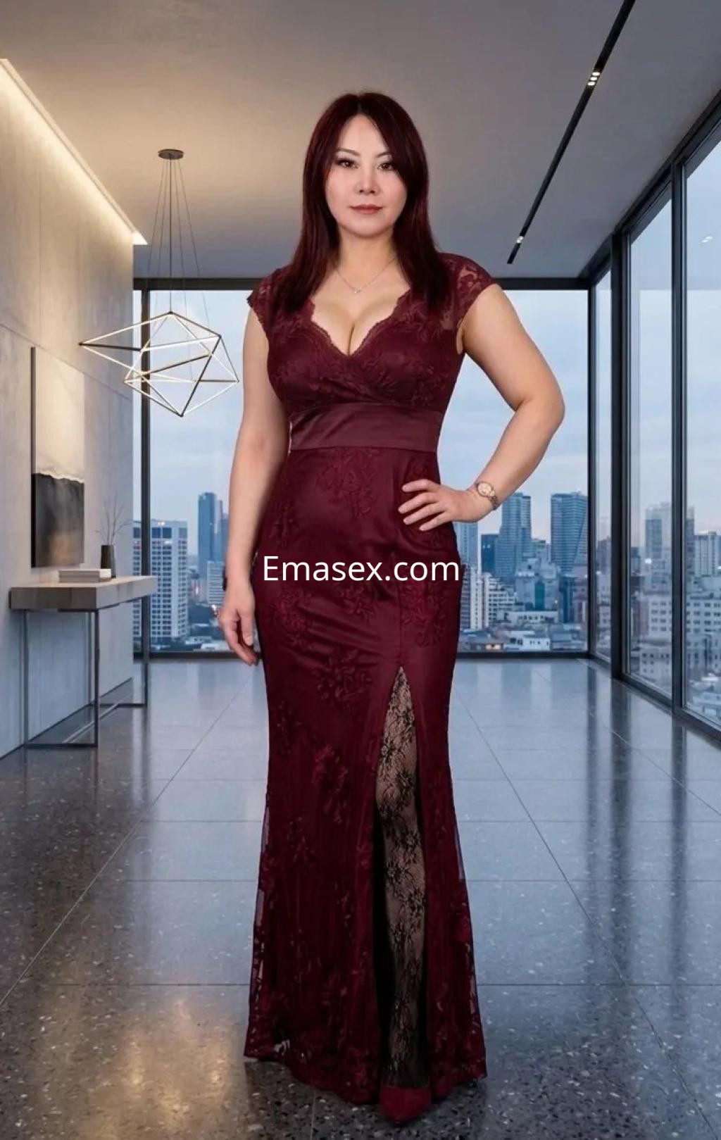 Escort en Albacete con cabello castaño y ondulado, luciendo un vestido largo burdeos con encaje y un fondo urbano.
