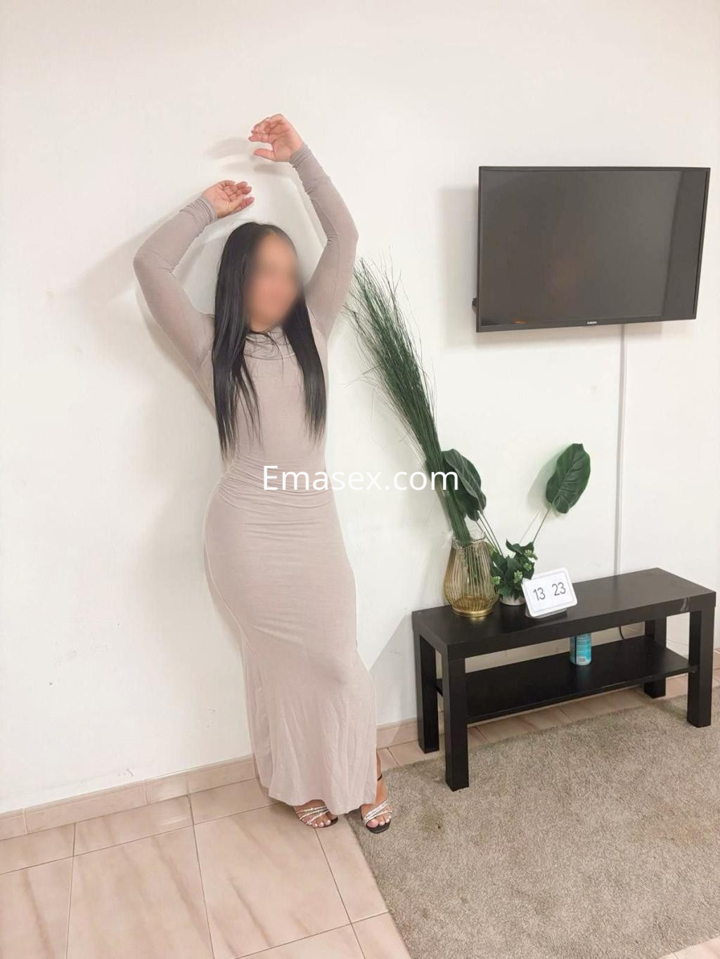 Escort de Palma de Mallorca posando con un vestido largo beige, de pie junto a una planta y un televisor.