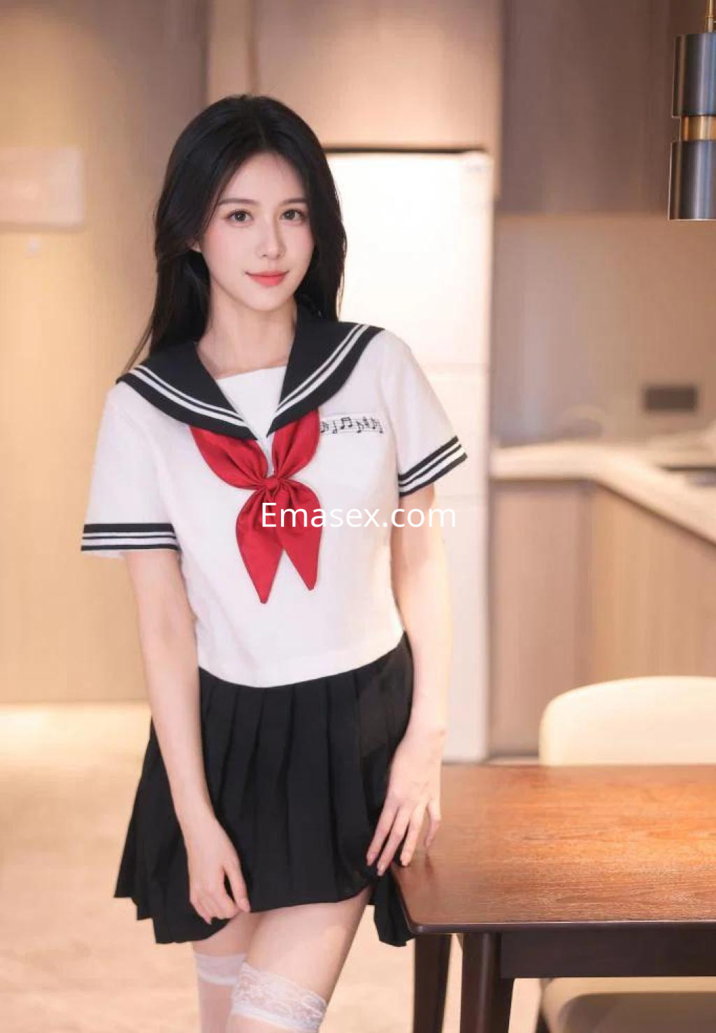 Escort en León con uniforme escolar, blusa blanca con cuello marinero y falda corta negra, posando en una cocina.