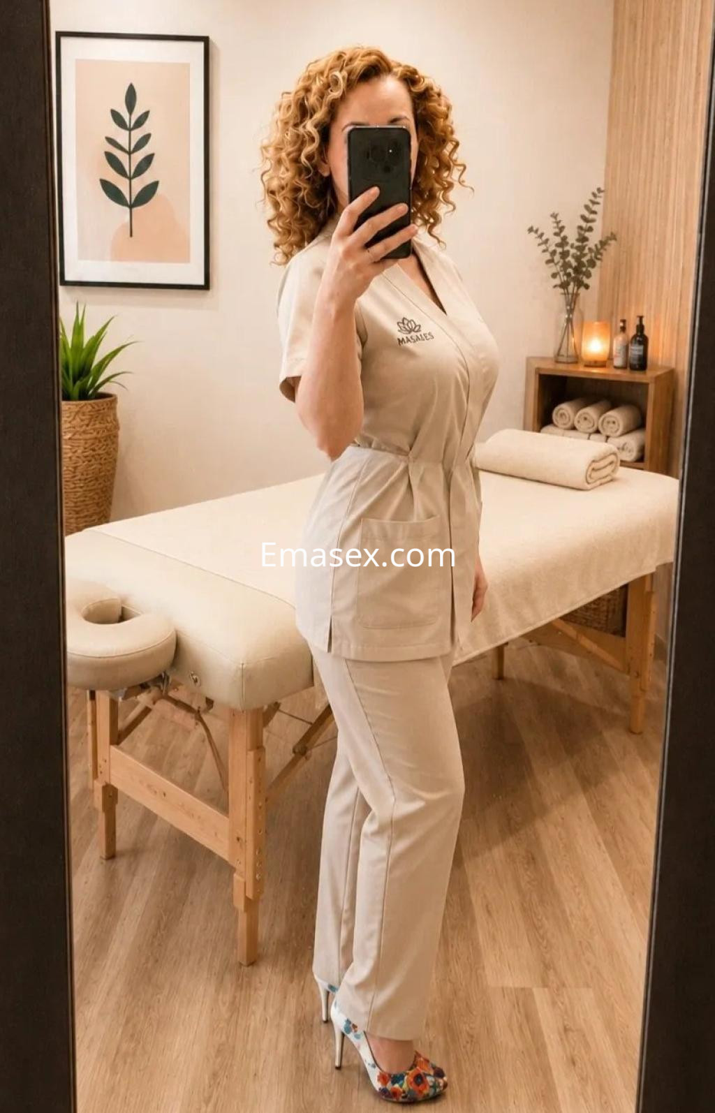Escort en Valladolid posando en un salón con decoración minimalista, vestida con uniforme claro y tacones coloridos.