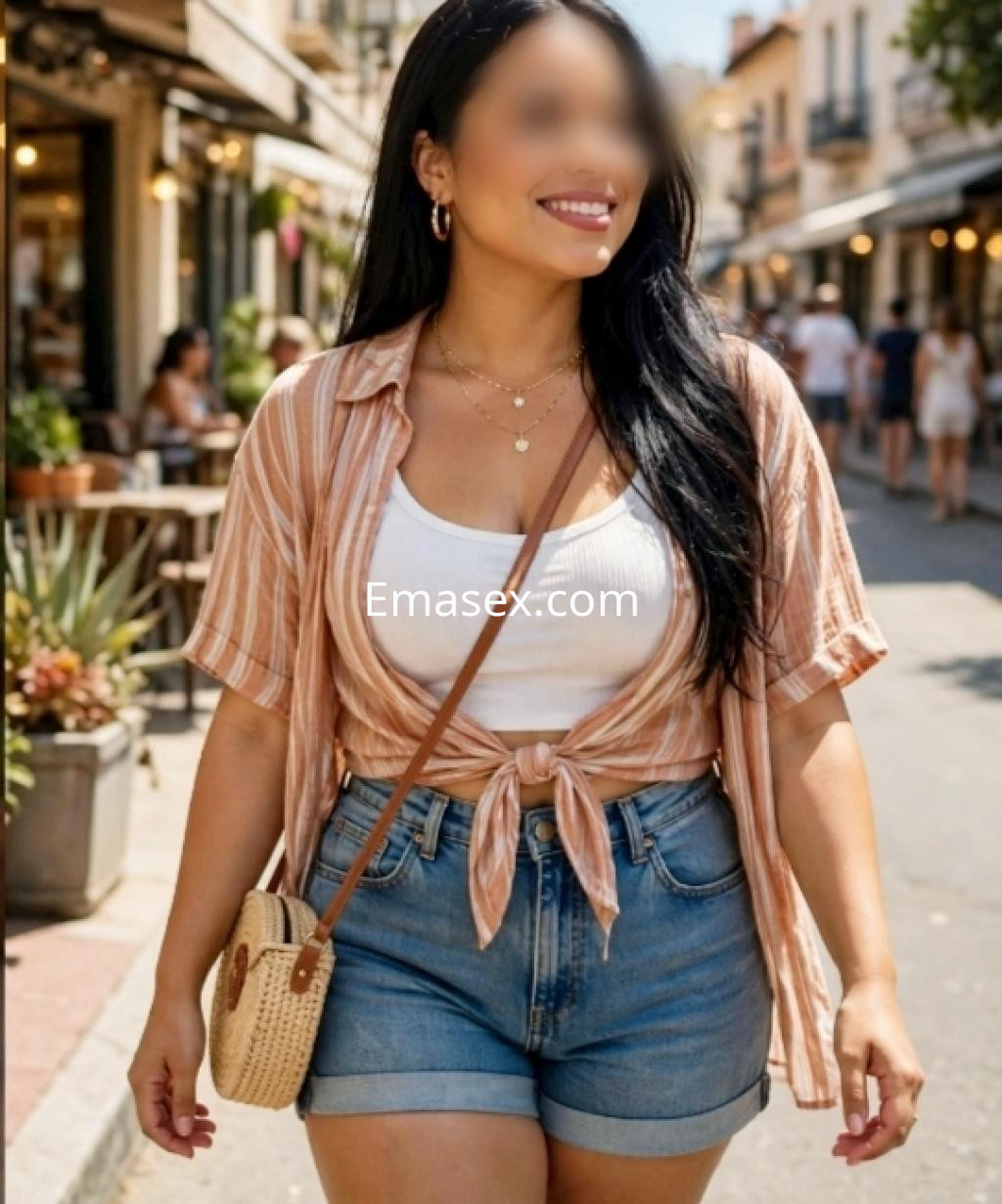 Puta en Zaragoza caminando por una calle soleada, vistiendo una blusa a rayas y shorts de mezclilla, con cabello largo.