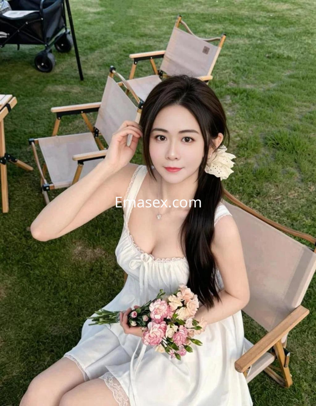 Escort en Castellón con vestido blanco, cabello largo y oscuro, sosteniendo un ramo de flores en un entorno al aire libre.