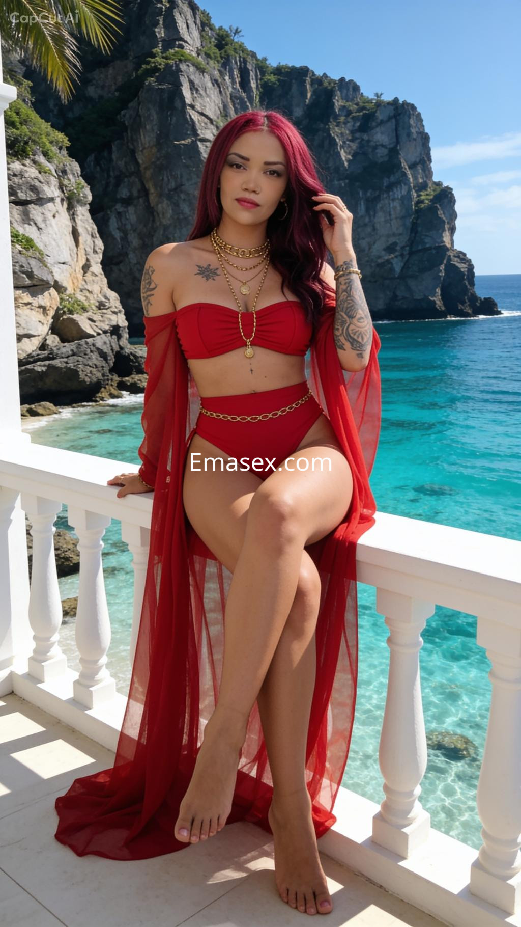 La puta se muestra sentada en un balcón con vista al mar en Barcelona, luciendo un bikini rojo y un cover-up transparente.