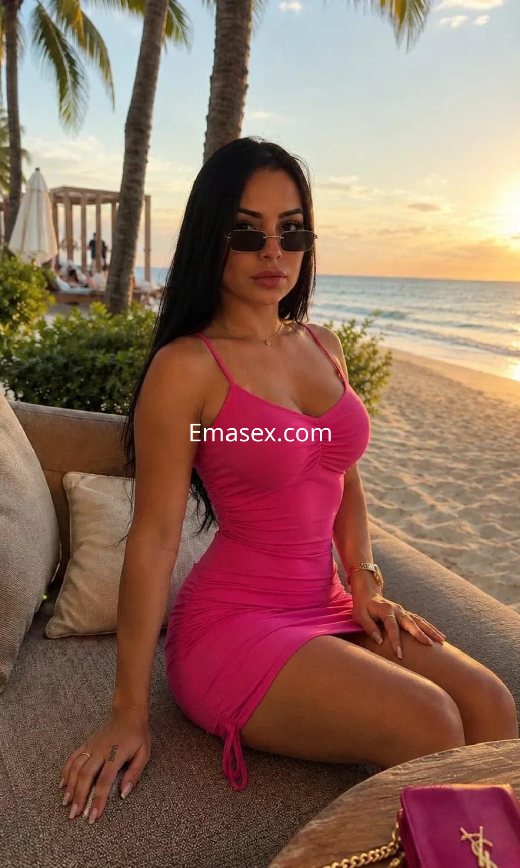 Escort en Zaragoza luciendo un vestido rosa ajustado, con gafas de sol, sentada junto a la playa al atardecer.