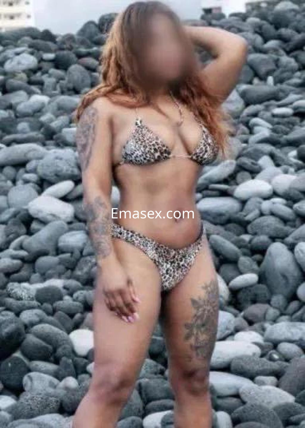 Escort en Castellón posando en una playa rocosa, con bikini de estampado de leopardo y cabello rizado suelto.