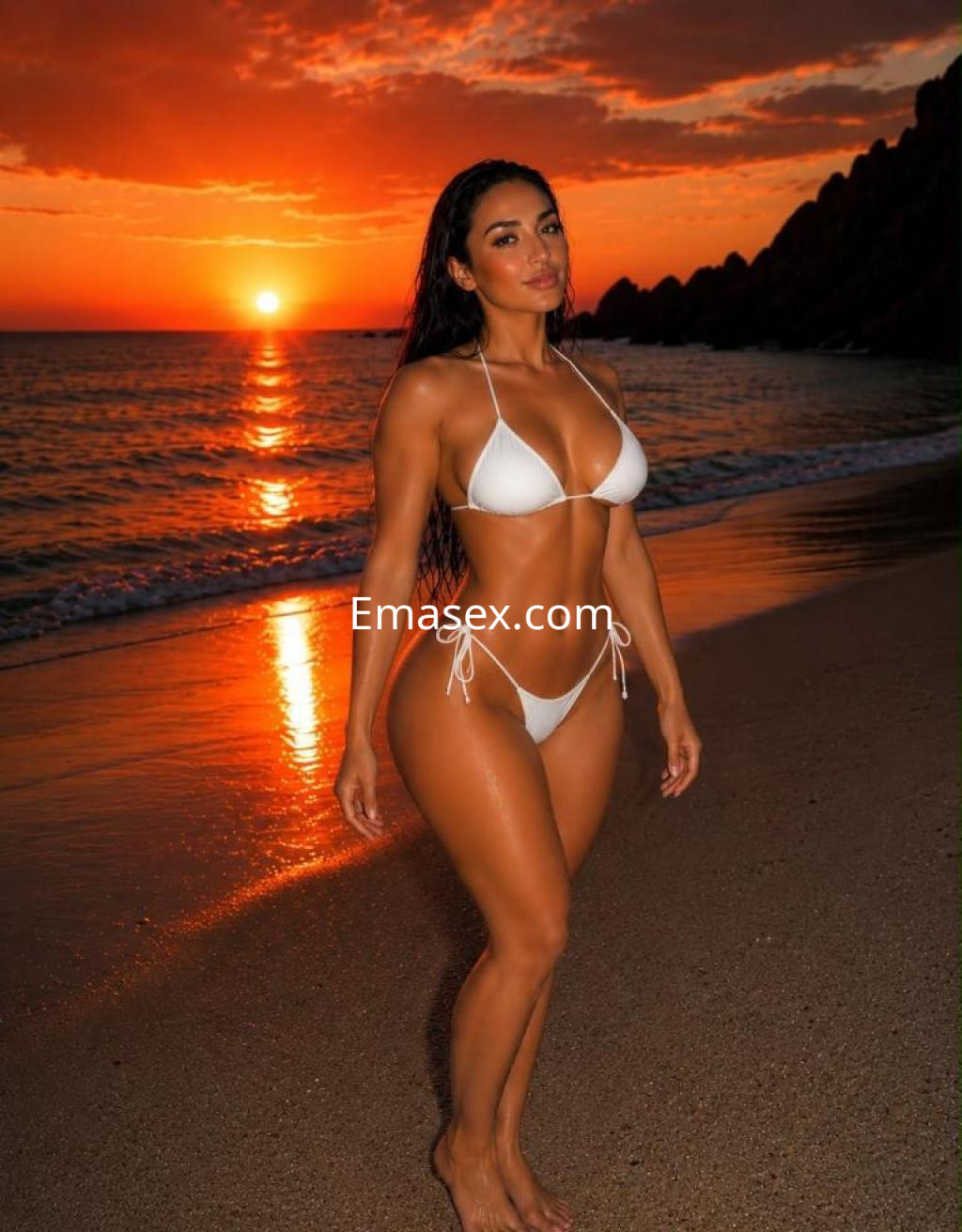 Escort en Tenerife con cabello largo y oscuro, luciendo un bikini blanco en la playa durante un atardecer.