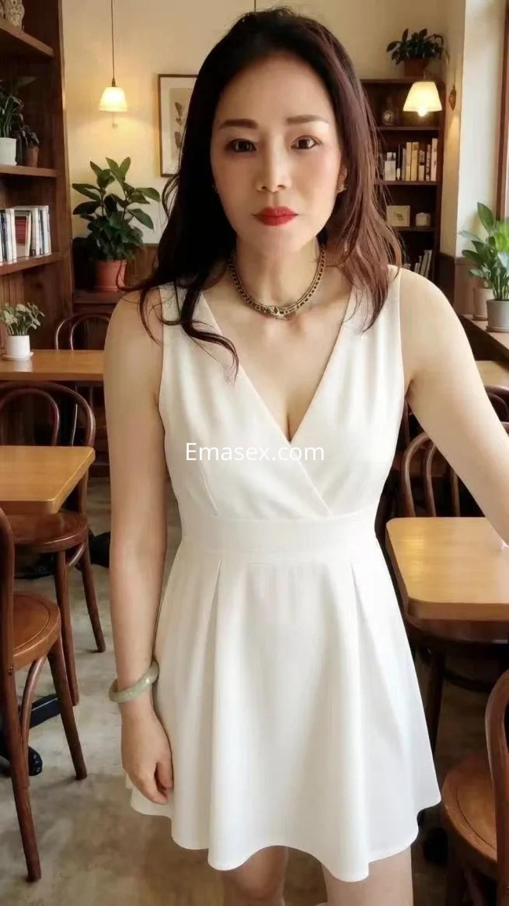Escort en Valencia con vestido blanco, cabello largo y lacio, posando en un ambiente acogedor de café.