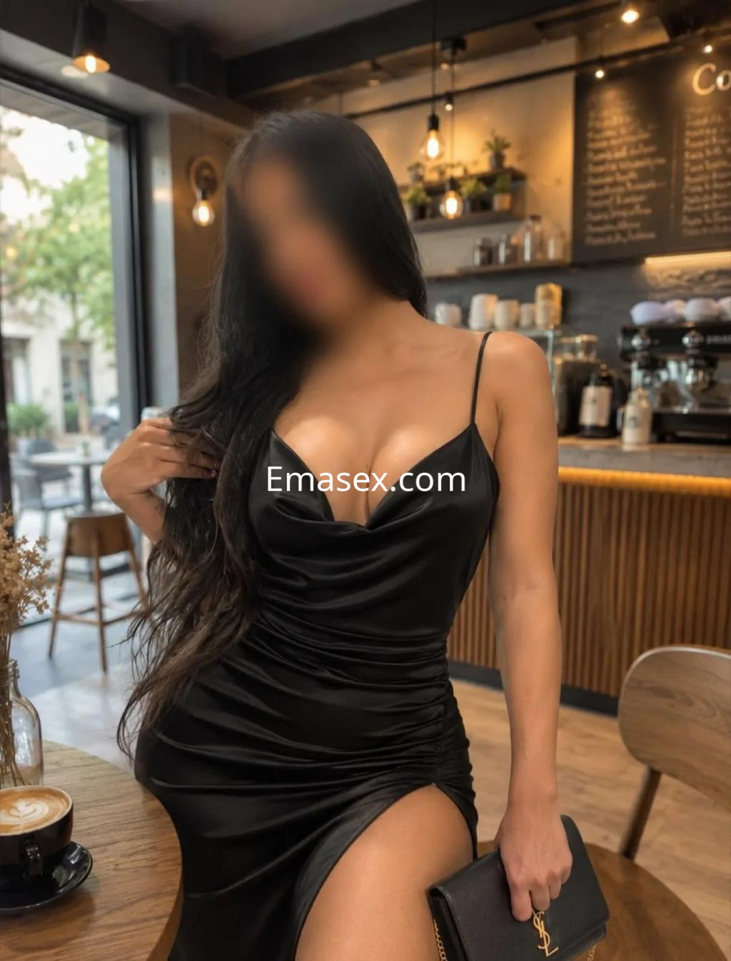 Escort en Madrid con un vestido negro ajustado, cabello largo y lacio, posando en un café moderno.