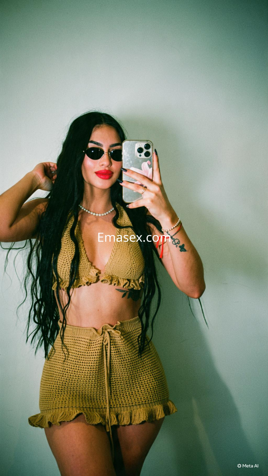 Puta en Donosti con cabello largo y rizado, usando un bikini de crochet beige y gafas de sol, posando frente a un espejo.