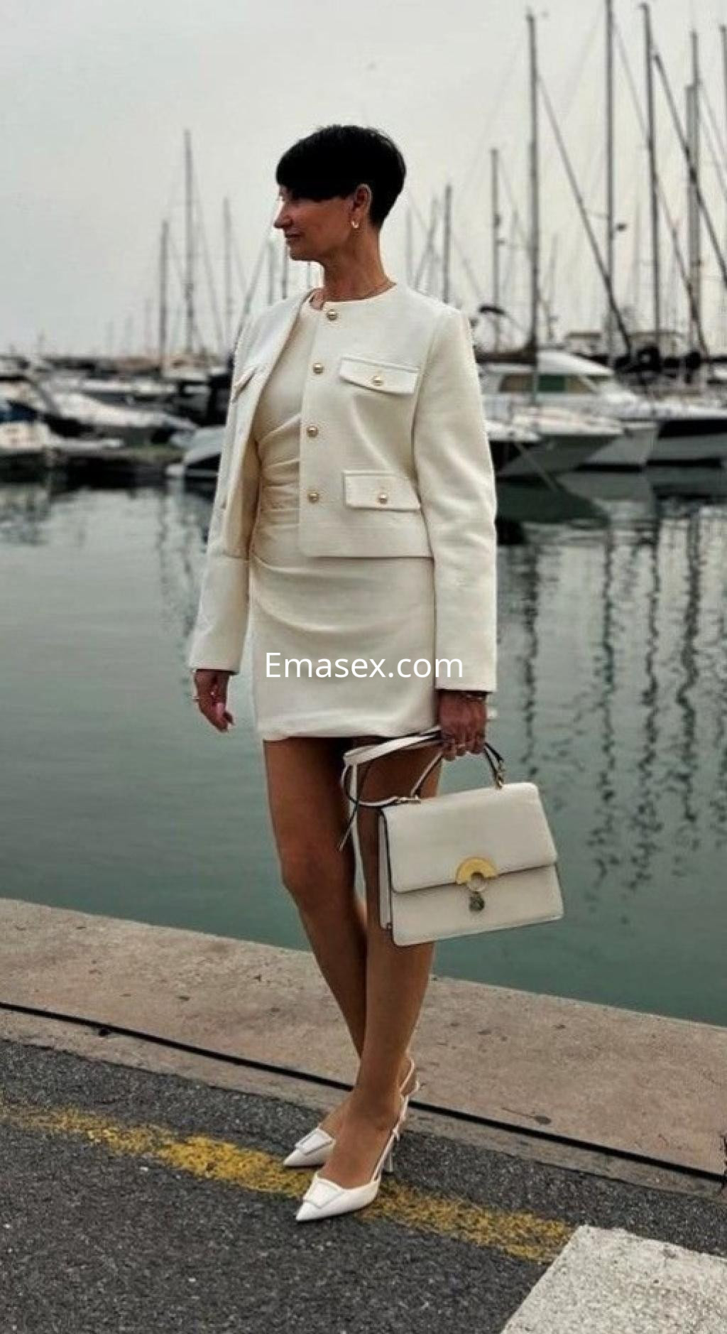 Puta de cabello corto y oscuro viste un elegante conjunto blanco junto al puerto de Málaga.