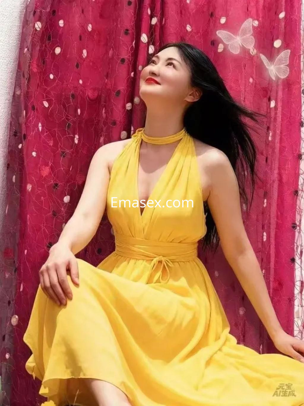 Escort en Zaragoza luciendo un vestido amarillo, posando con cabello suelto frente a un fondo de cortinas rosas.