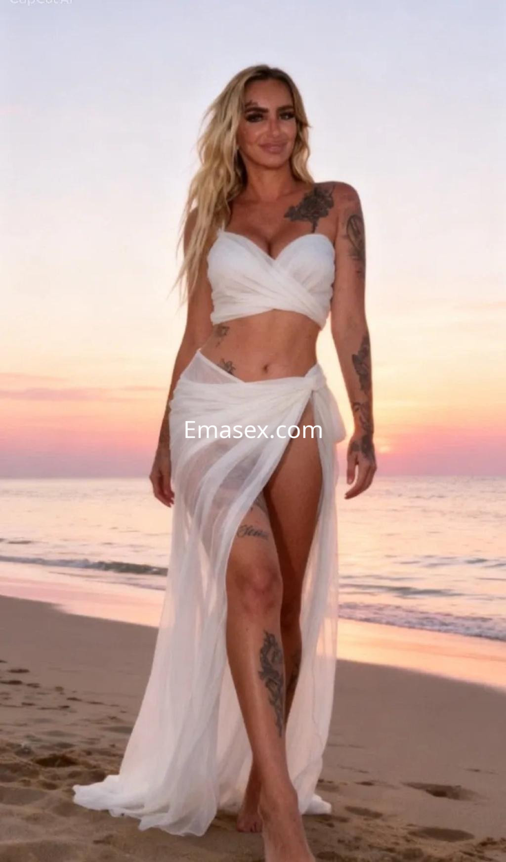 Escort con cabello largo y rubio, vistiendo un conjunto blanco y caminando por la playa al atardecer en Málaga.