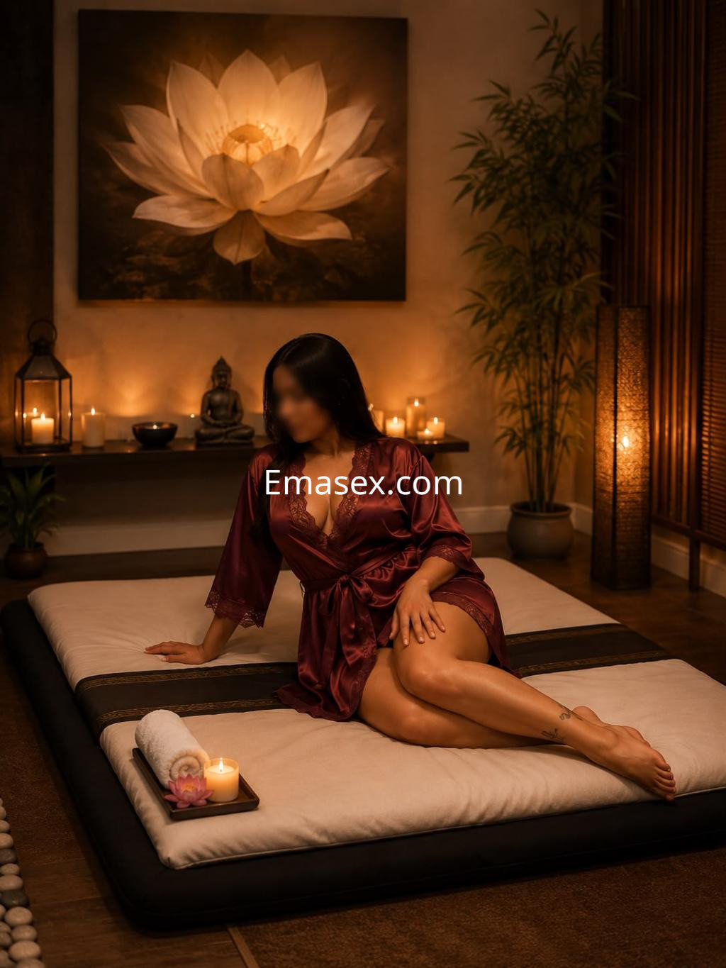 Escort en Coruña con bata de seda roja, sentada en una cama de masaje, rodeada de velas en un ambiente relajante.