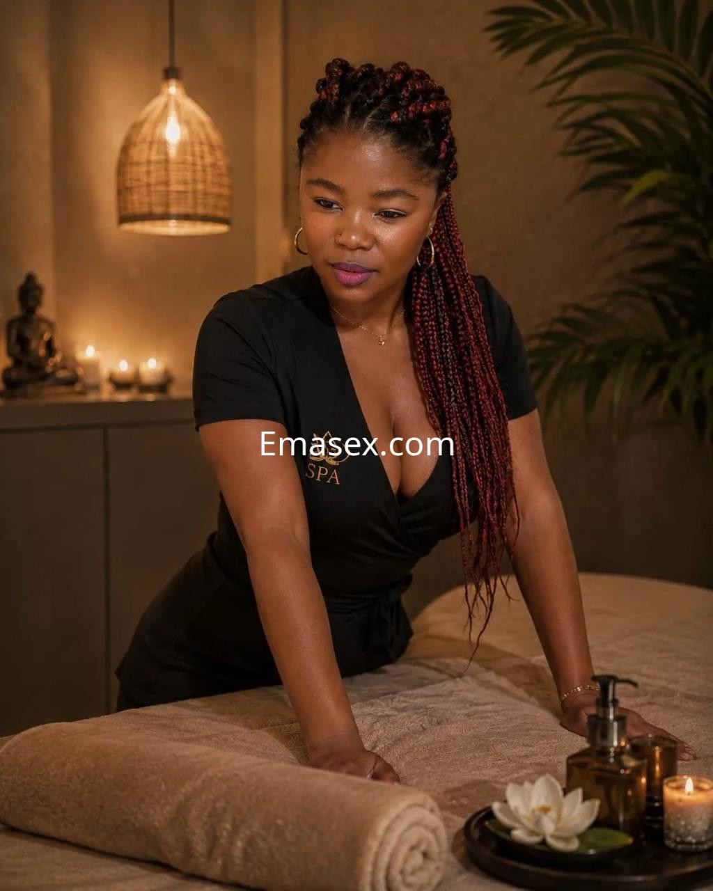 Puta en Alicante con trenzas rojas, vestida con un uniforme negro, en un ambiente de spa relajante.