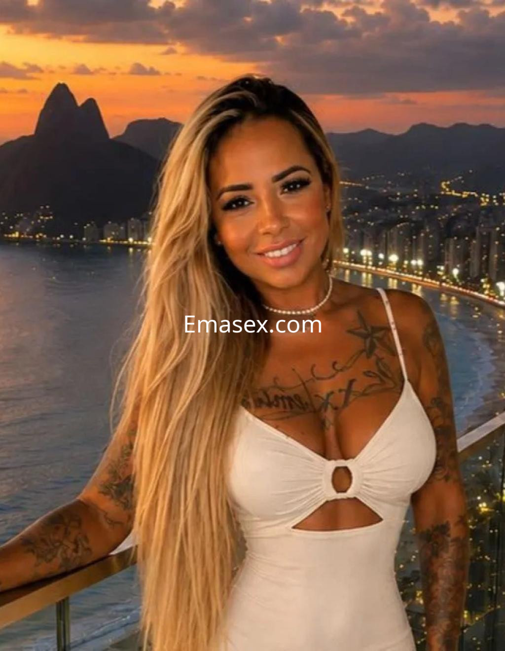 Puta en Alicante con vestido blanco ajustado, cabello largo y lacio, posando frente a un paisaje de atardecer.