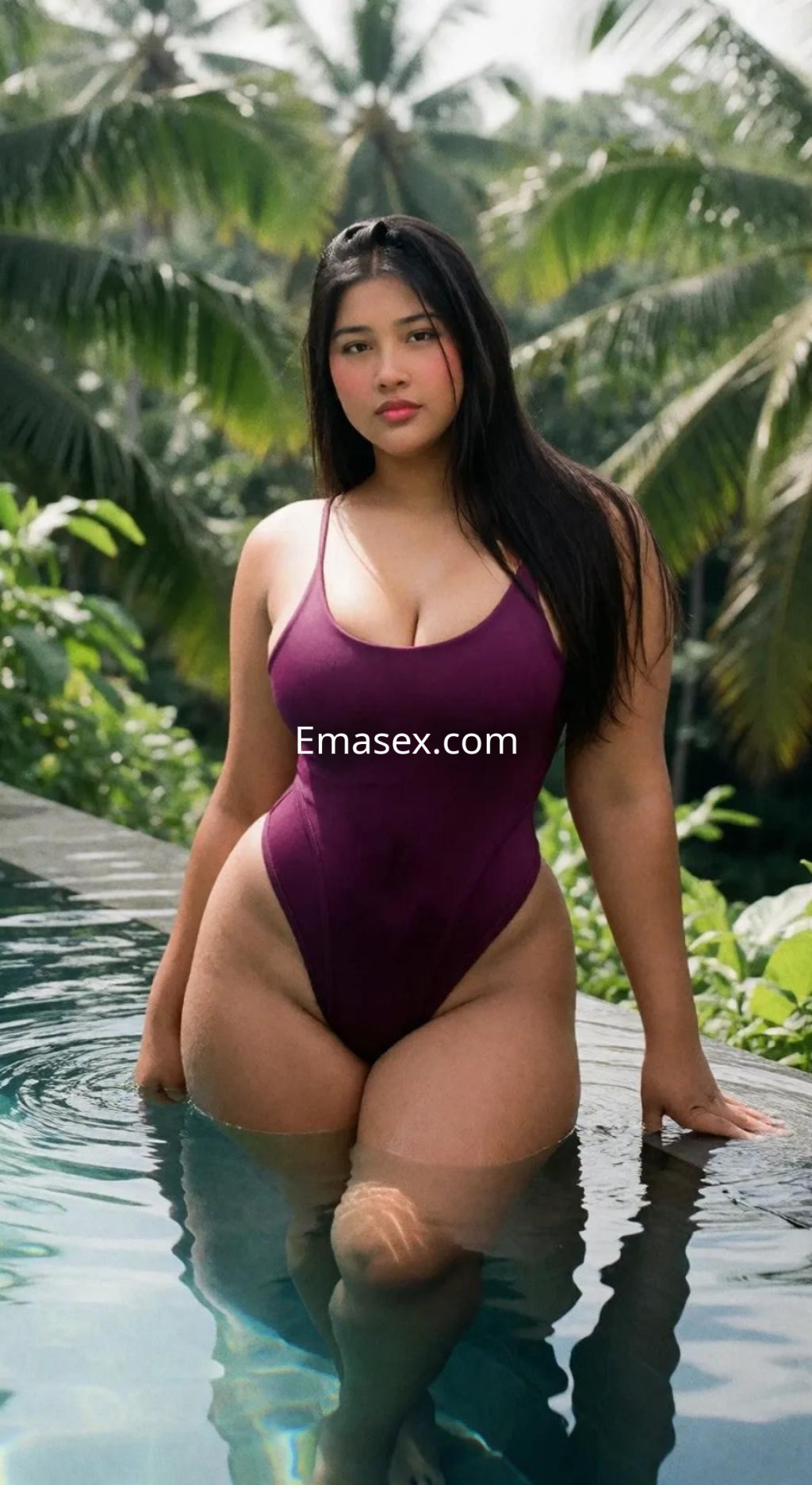 La puta posa en una piscina rodeada de vegetación, vistiendo un traje de baño morado que resalta su figura en Vigo.