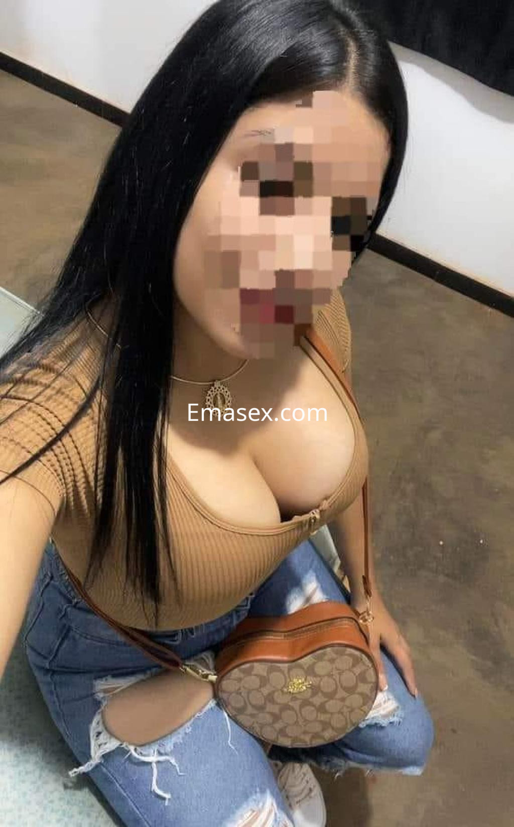 Puta en Santander, con blusa marrón ajustada y jeans rotos, posando sonriente con un bolso cruzado.