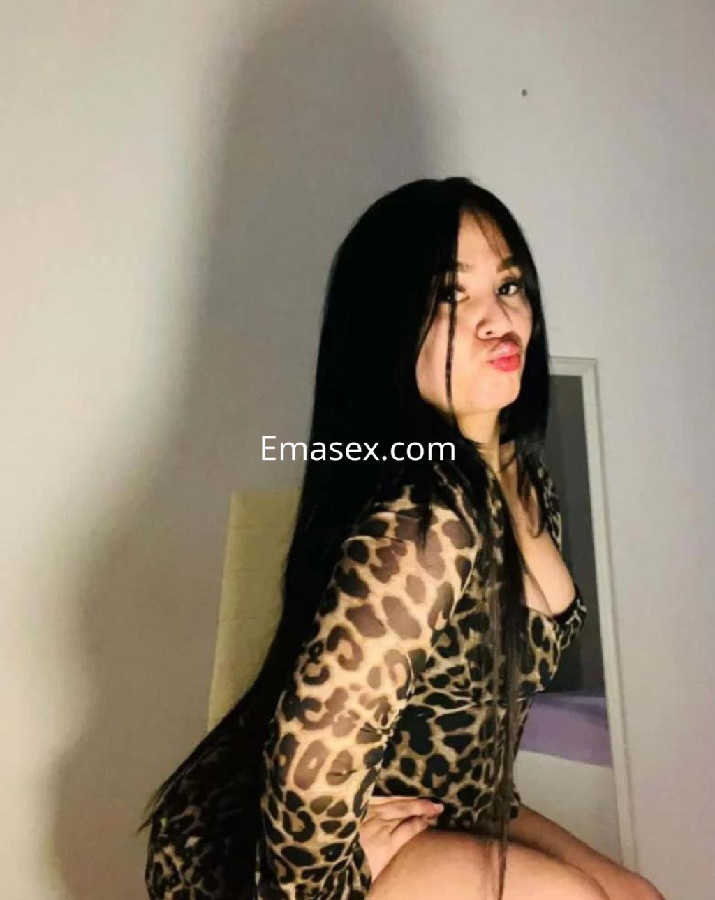 Puta en Murcia viste un vestido de leopardo ajustado, con el pelo largo y lacio, posando de forma coqueta.
