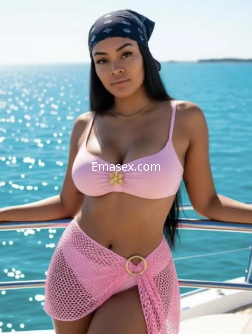 Puta en Logroño luce un bikini rosa con una falda de red, posando en un yate frente al mar.
