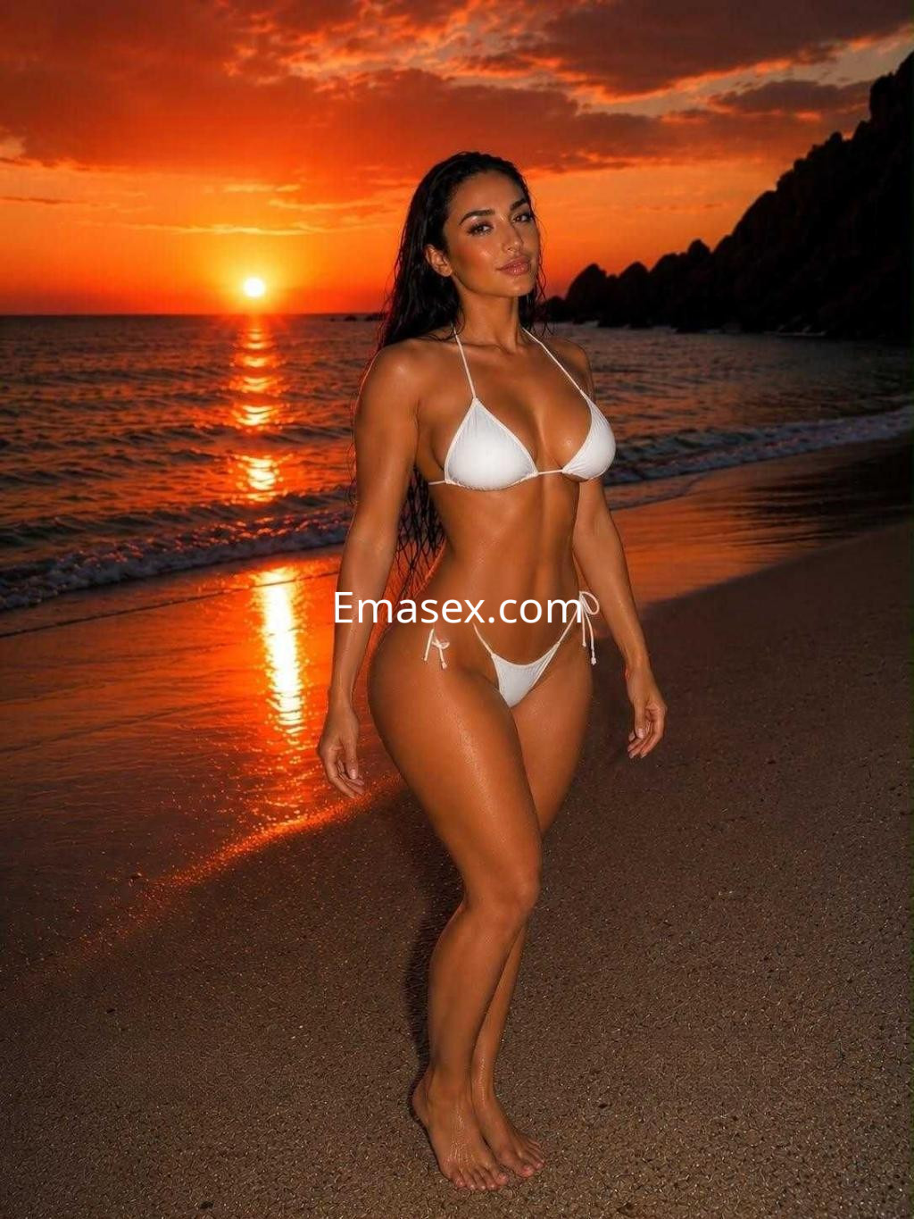 La puta posa en la playa de Tenerife al atardecer, luciendo un bikini blanco que resalta su figura.