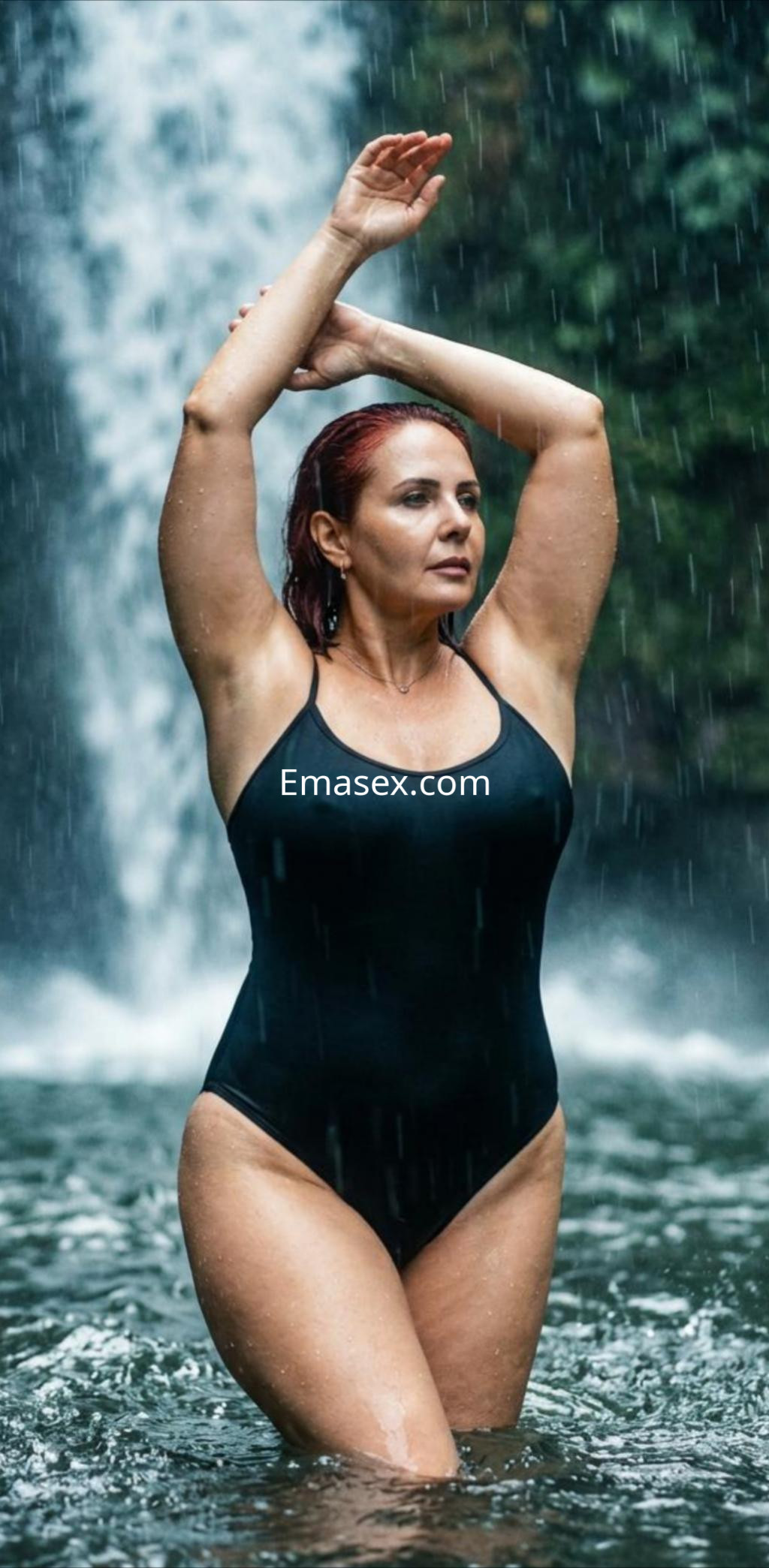 La puta de Vitoria luce un bañador negro mientras se sumerge en el agua bajo una cascada rodeada de naturaleza.