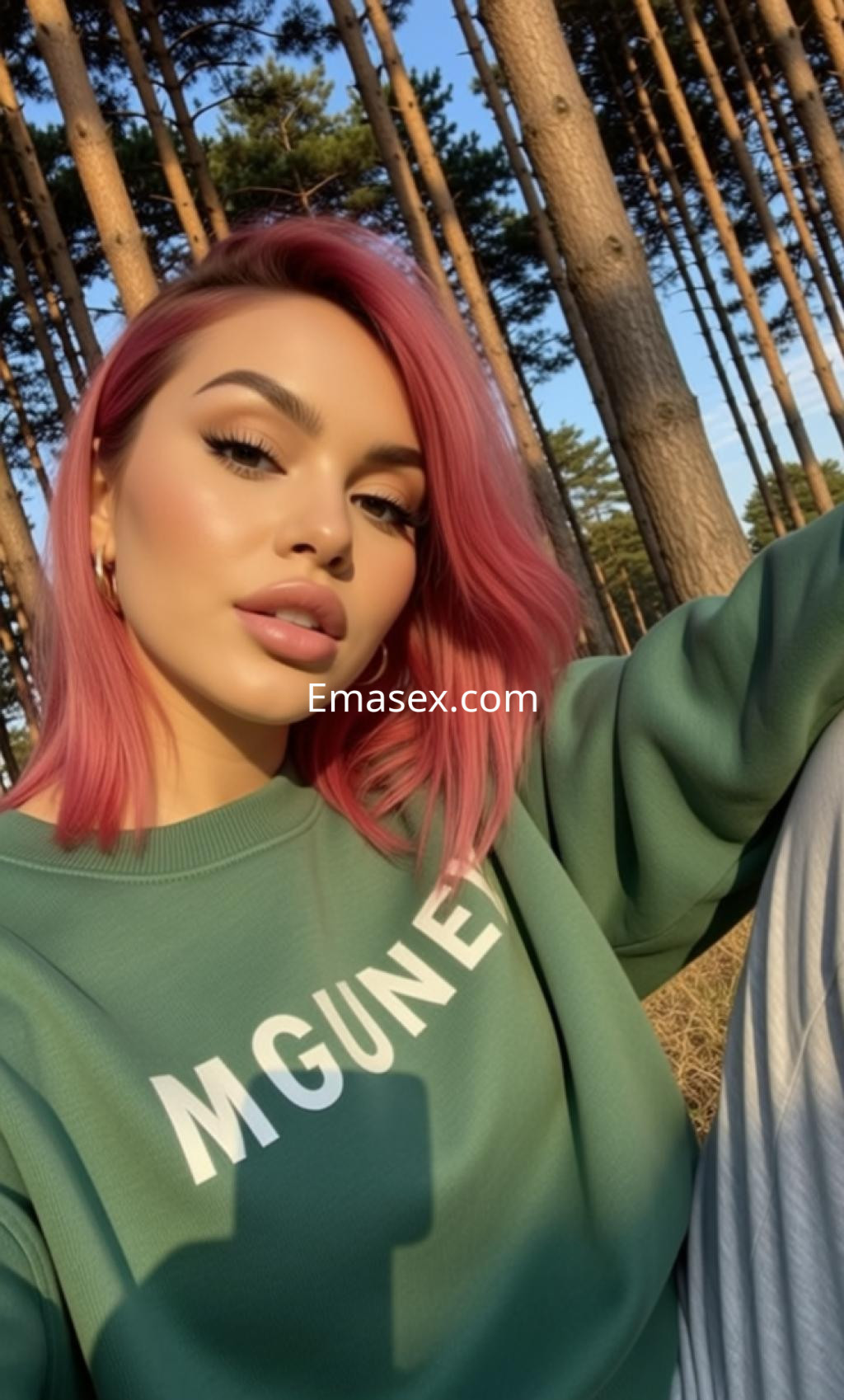 Puta trans en Alicante, con cabello rosa y sudadera verde, posando entre árboles en un entorno natural.