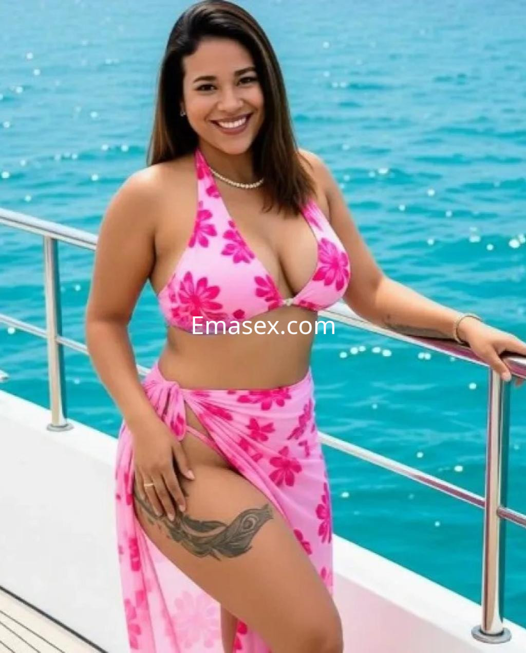 La puta en Oviedo lleva un bikini rosa con flores, una falda larga y muestra un tatuaje en la pierna mientras sonríe.