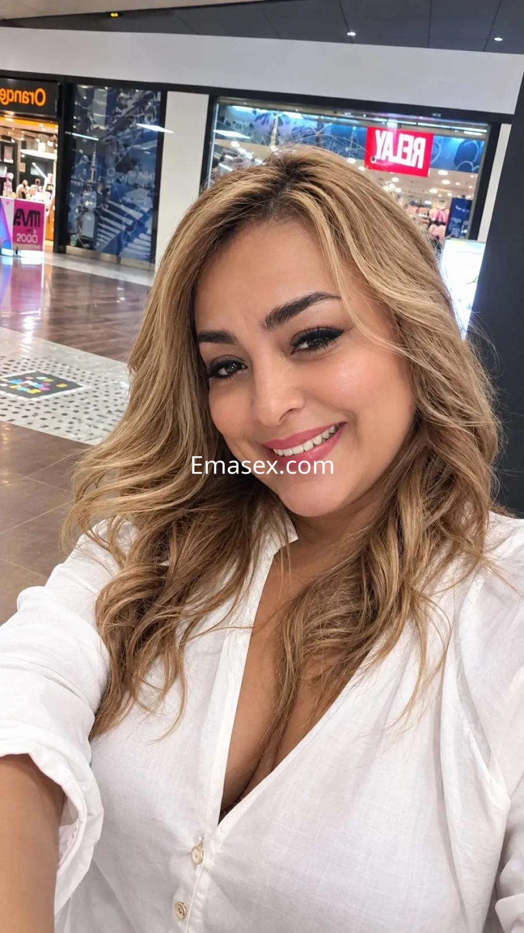 La puta sonríe mientras lleva una blusa blanca y se encuentra en un centro comercial en Málaga.