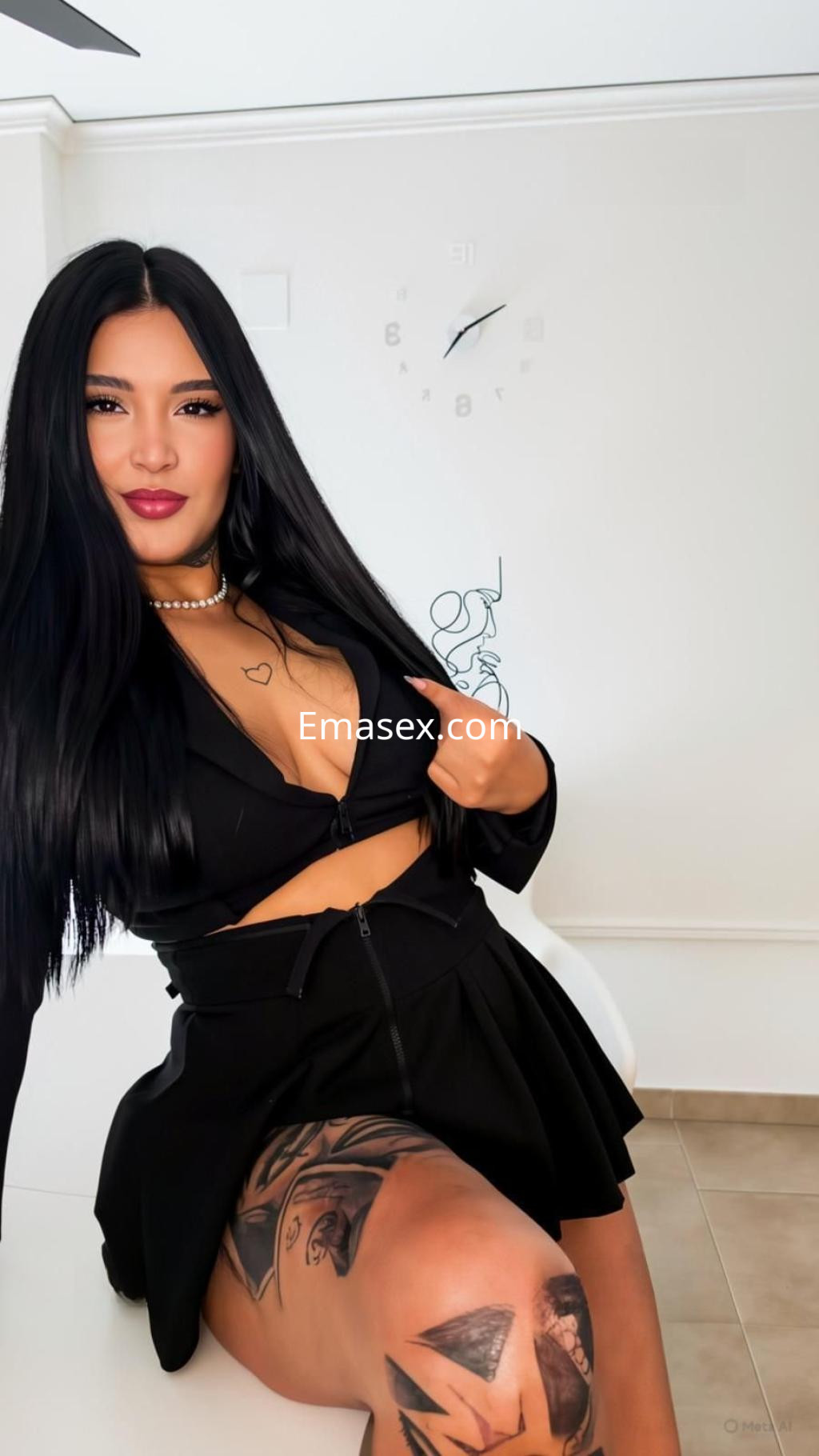 Escort en Castellón con cabello largo y oscuro, vistiendo un conjunto negro y mostrando un tatuaje en la pierna.