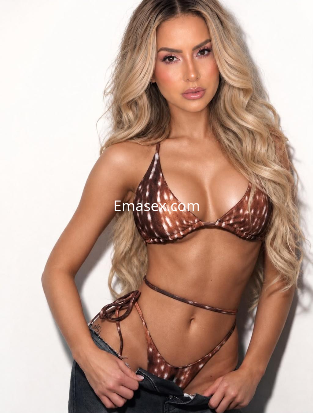 Puta con un bikini marrón y una pose seductora, que resalta su figura en un fondo neutro en Ibiza.