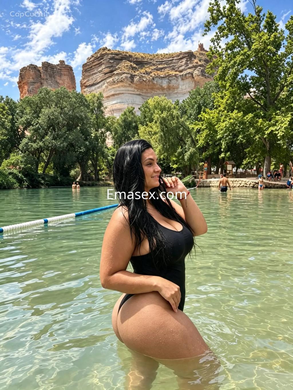 Escort en Logroño con traje de baño negro posando en un entorno natural junto al agua y un paisaje rocoso.