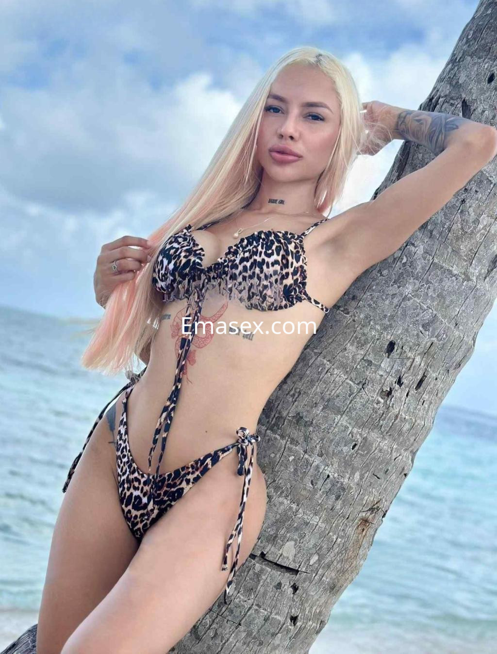 La puta en Barcelona lleva un bikini de estampado de leopardo, posando de pie junto a un árbol en la playa.