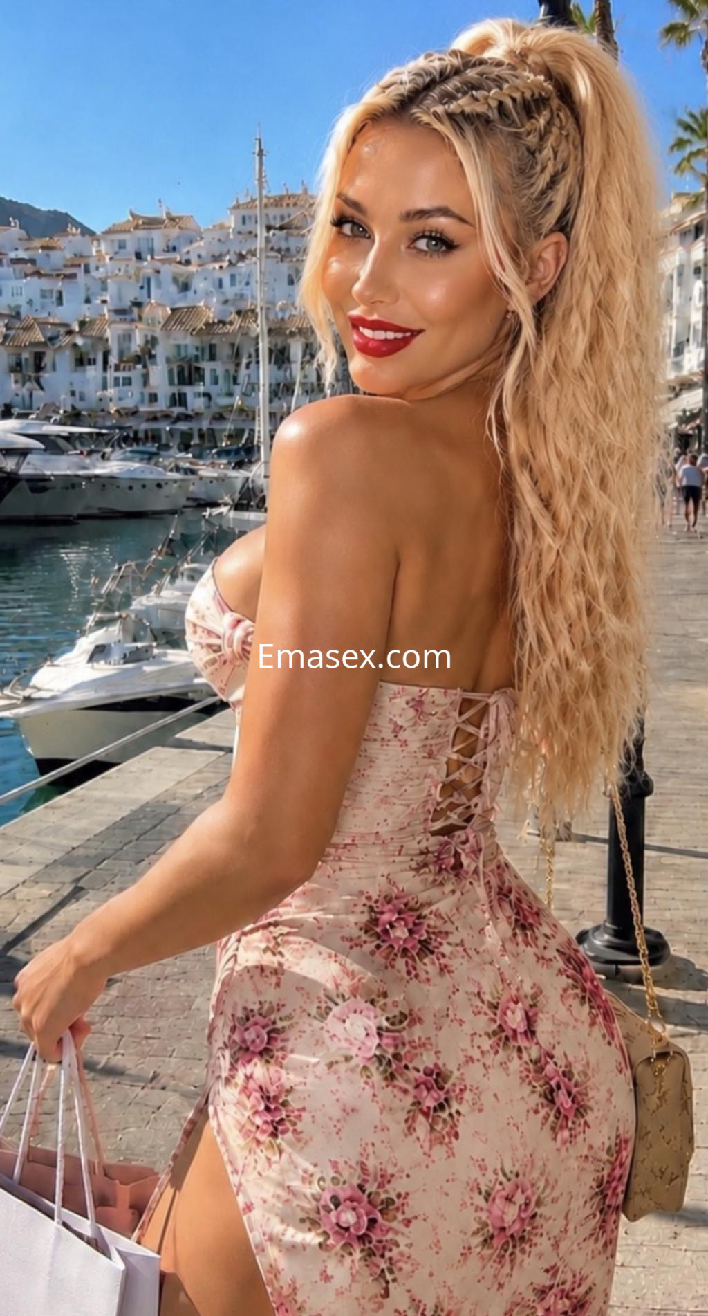 Puta de cabello rubio rizado, viste un vestido floral sin mangas y posa con un fondo de puerto en Madrid.
