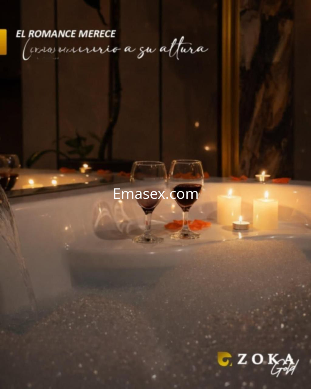 La puta se encuentra en un ambiente romántico de Castellón, con copas de vino y velas sobre una bañera.