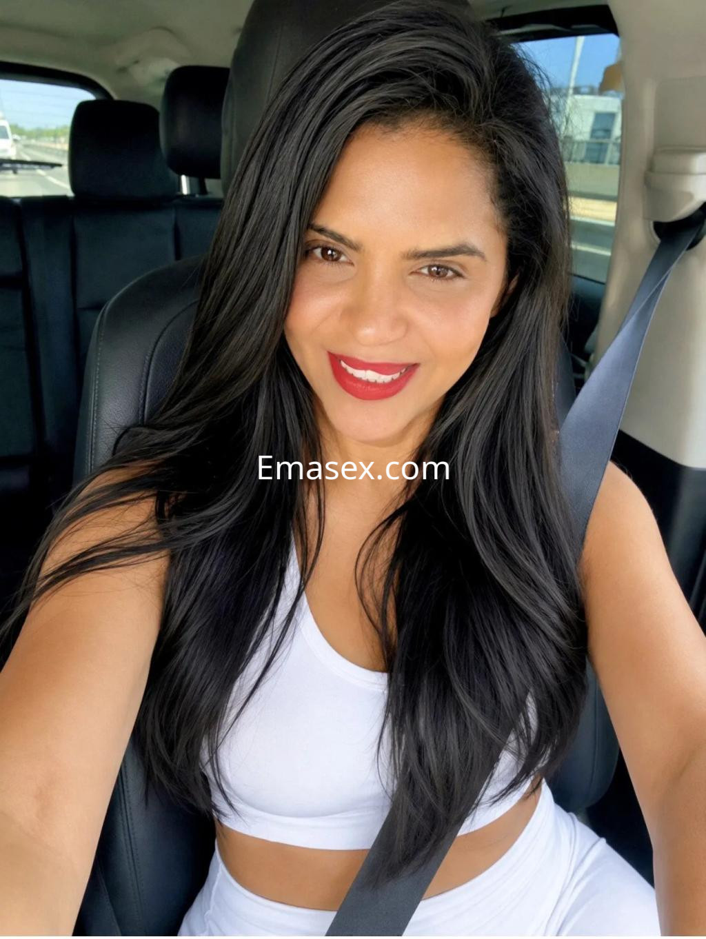 Escort en Burgos con cabello largo y oscuro, viste una blusa blanca y muestra una sonrisa mientras está en el coche.