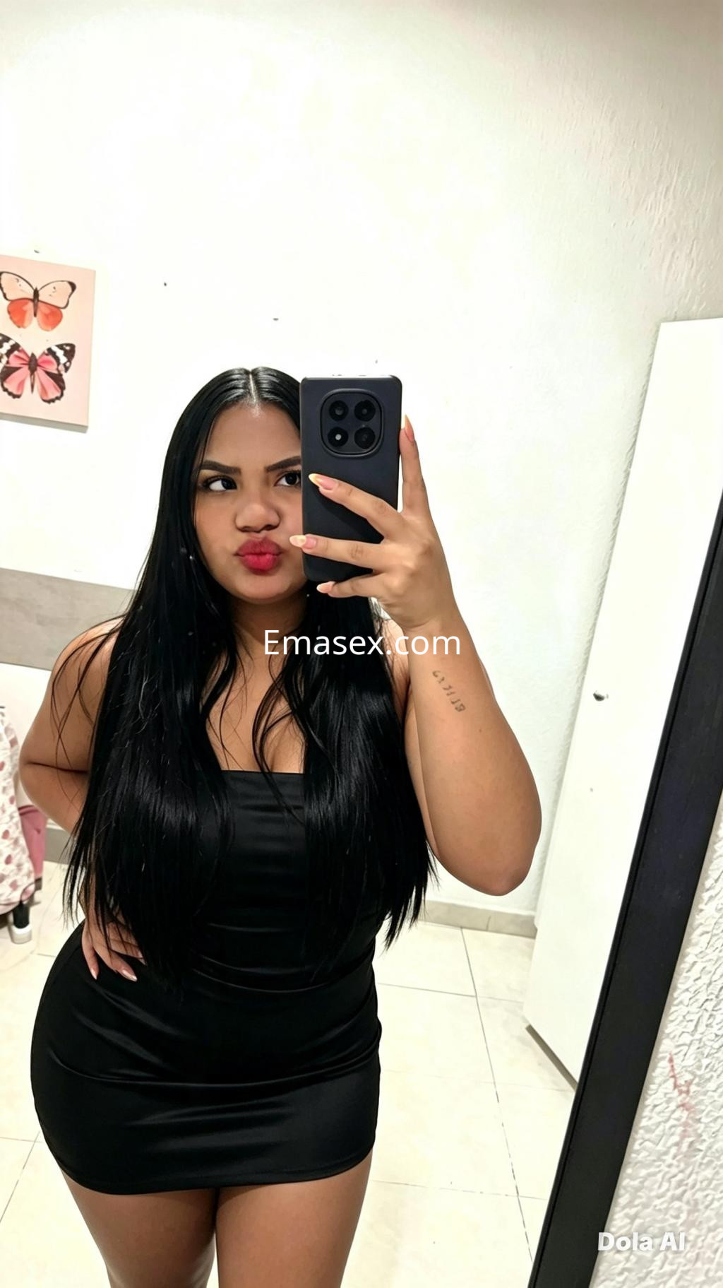 Puta con cabello largo y oscuro, luciendo un vestido negro ajustado y posando frente a un espejo en Cádiz.