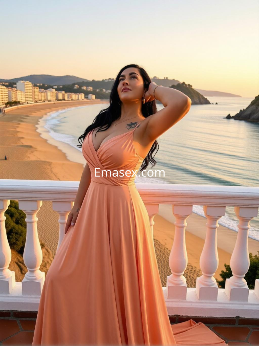 Escort en Donosti luciendo un elegante vestido naranja, posando frente a un paisaje costero al atardecer.