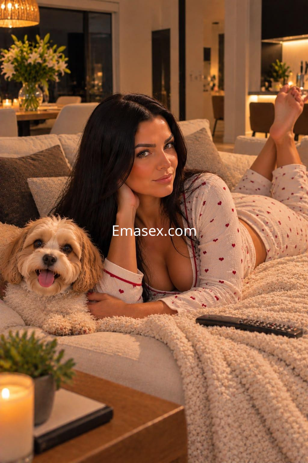 Puta en Pamplona con cabello largo y oscuro, relajándose en un sofá con un perro, vistiendo un pijama de corazones.
