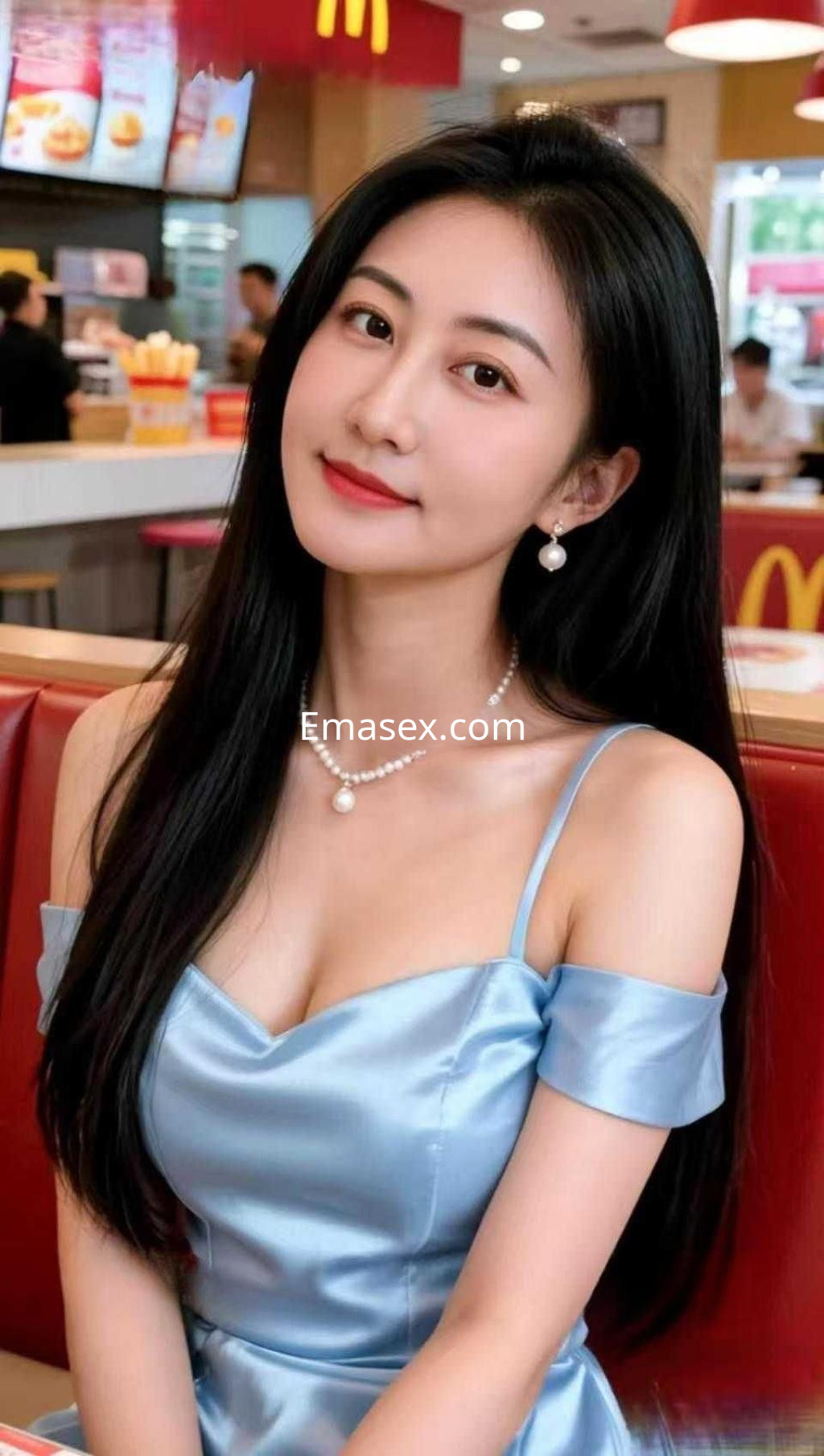 Puta con vestido azul claro y cabello largo, posando en un restaurante de comida rápida en Zaragoza.