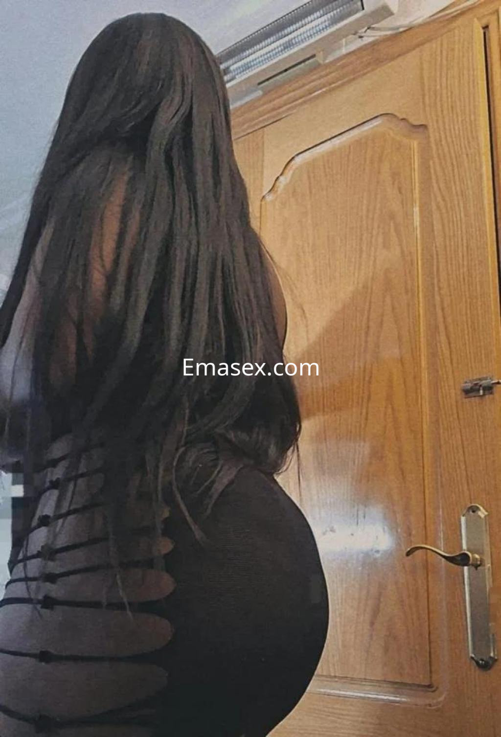 Escort en Cádiz con cabello largo y negro, vista de espaldas, vistiendo un vestido ajustado y transparente.