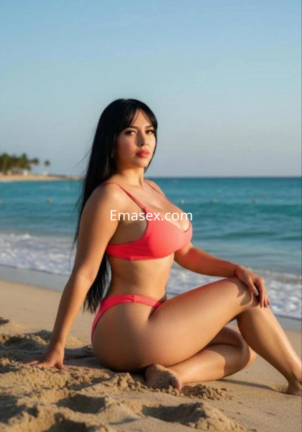 Escort en Vitoria sentada en la playa, vistiendo un bikini rosa y luciendo cabello largo y lacio.
